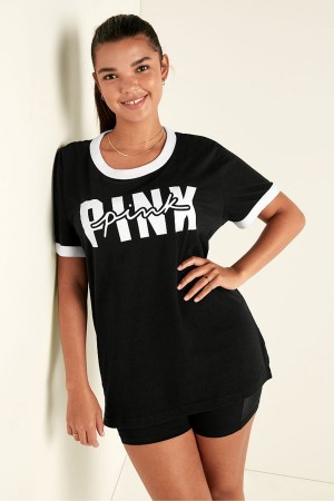 Victoria's Secret Bavlnene Kratke Sleeve Campus Ringer T-Shirt Čierne | JRWMU-4902