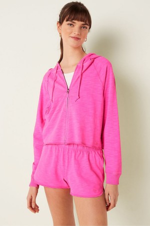 Victoria's Secret Bavlnene Slub Crop Cut Off Full Zip Hoodie Ruzove | YECVM-6298