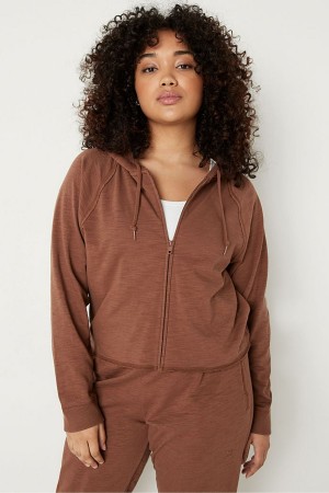 Victoria's Secret Bavlnene Slub Crop Cut Off Full Zip Hoodie Ruzove | AXPLM-9084