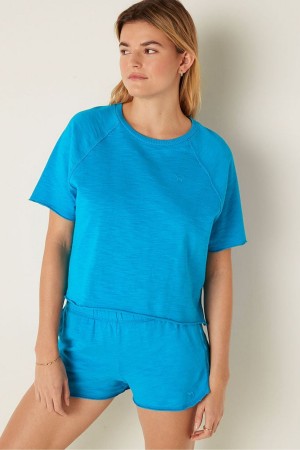 Victoria's Secret Bavlnene Slub Kratke Sleeve Crew Crop T-Shirt Modre | NOVFP-8259