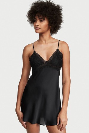 Victoria's Secret Cipkovane Plunge OpenBack Slip Čierne | TMBSR-0157