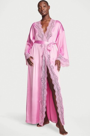 Victoria's Secret Cipkovane Trim Satin Long Robe Ruzove | RNXWJ-0754