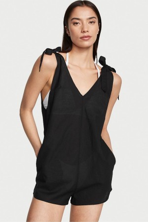 Victoria's Secret Linen Playsuit Cover Up Čierne | PYANZ-0638