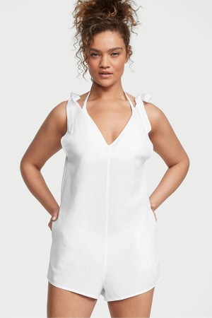 Victoria's Secret Linen Playsuit Cover Up Biele | RDJXE-4280