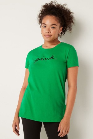 Victoria's Secret Logo Kratke Sleeve T-Shirt Zelene | PWSFD-7352