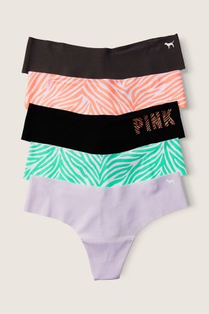 Victoria's Secret No-Show No Show Tanga Knickers 5 Pack Black/Orange/Purple/Green Zebra Print | RSIZG-2749