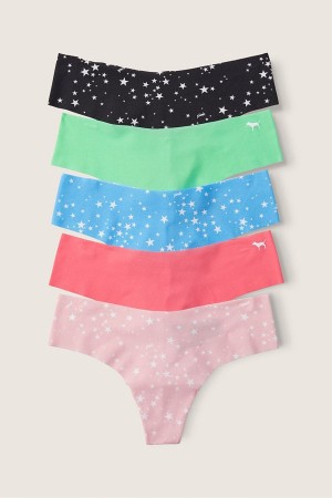 Victoria's Secret No-Show No Show Tanga Knickers 5 Pack Black/Blue/Pink/Green Star | WNHLJ-1940