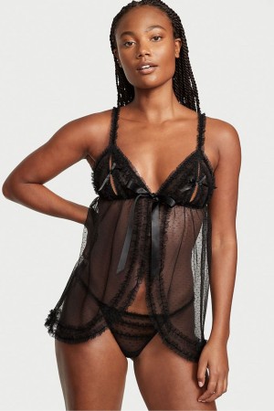 Victoria's Secret Ruffle Peekaboo Babydoll Čierne | NWGYK-2063