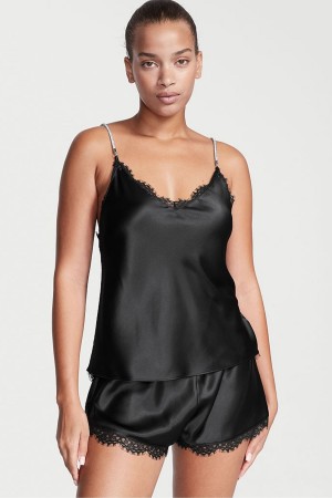 Victoria's Secret Satin Cipkovane Back Cami Set Čierne | RLVIP-8542