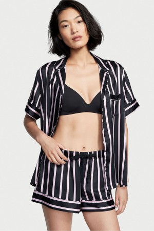 Victoria's Secret Satin Kratke Pyjamas Čierne Pruhované | IEQYN-0148