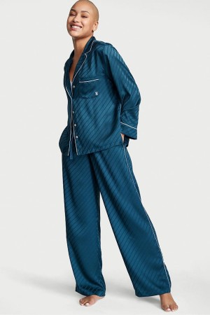 Victoria's Secret Satin Long Pyjamas Modre | IDNUC-8235