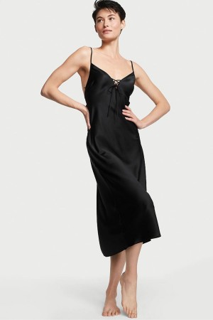 Victoria's Secret Satin Midi Slip Čierne | ENJXF-9064