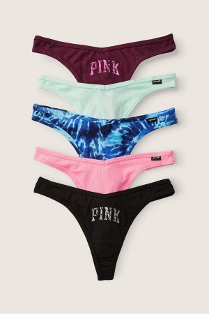 Victoria's Secret Stretch Bavlnene Bavlnene Tanga Knickers 5 Pack Black/Grey/Blue/Burgundy/Pink | KCFVG-6890