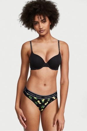 Victoria's Secret Stretch Bavlnene Bavlnene Logo Tanga Knickers Čierne | KIGUF-1730