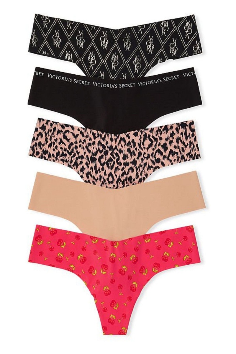 Victoria\'s Secret 5 Pack No Show Tanga Knickers Black/Nude/Red Print | QILHB-3569