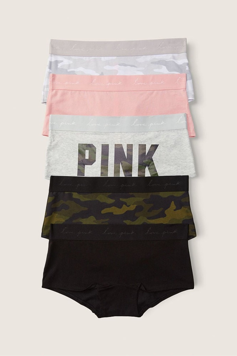 Victoria\'s Secret Bavlnene Kratke Knickers 5 Pack Black/Grey/Pink/Green | BTNRE-5394