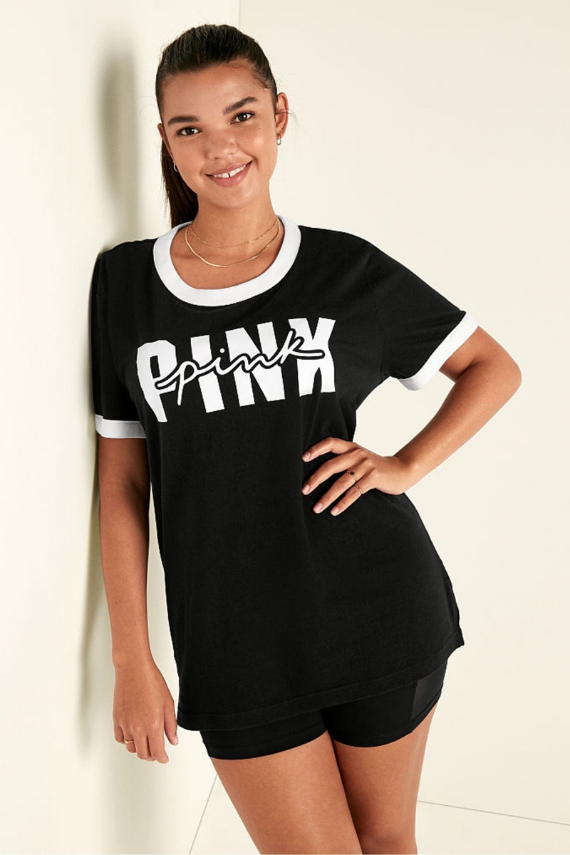 Victoria\'s Secret Bavlnene Kratke Sleeve Campus Ringer T-Shirt Čierne | JRWMU-4902