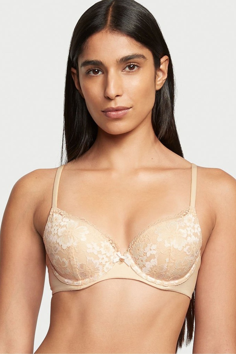 Victoria\'s Secret Body by Victoria Front Zapinanie Cipkovane Trim Lightly Podsite Demi Bra Champagne Xdye Nude | USRDM-9864