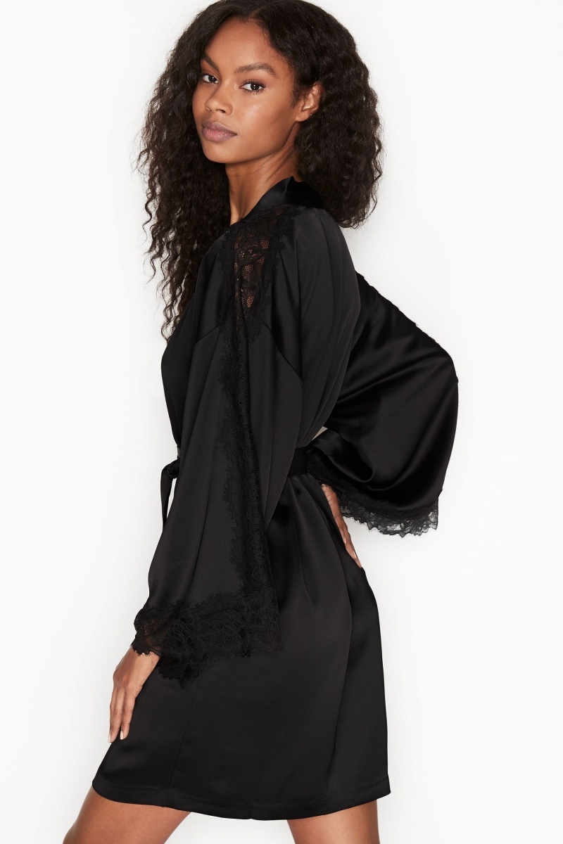 Victoria's Secret Cipkovane Inset Kimono Robe Čierne | PKTJA-1895