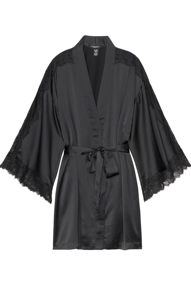 Victoria's Secret Cipkovane Inset Kimono Robe Čierne | PKTJA-1895