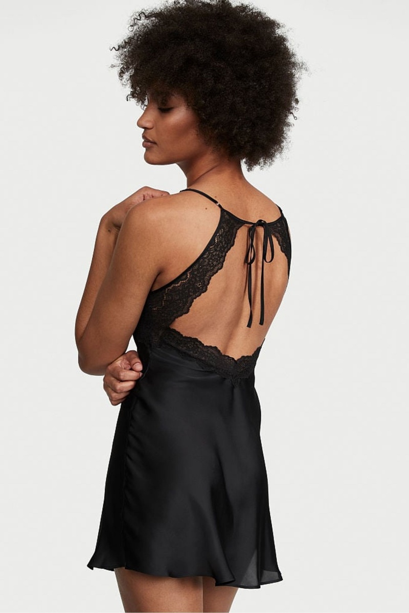 Victoria's Secret Cipkovane Plunge OpenBack Slip Čierne | TMBSR-0157