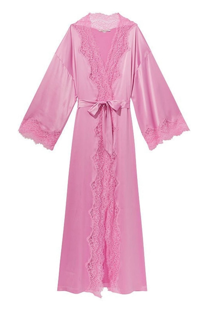 Victoria's Secret Cipkovane Trim Satin Long Robe Ruzove | WIKOD-3079