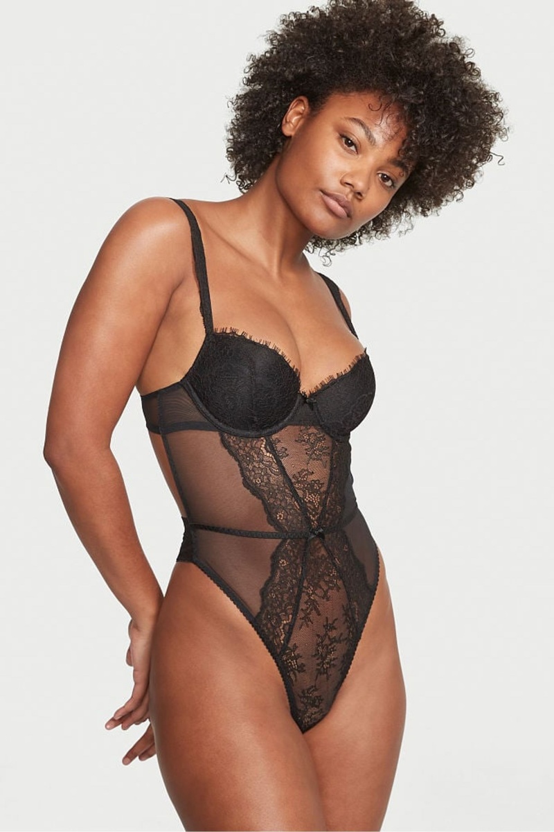 Victoria\'s Secret Lightly Podsite Demi Cipkovane Bodysuit Čierne | OLQJM-5364