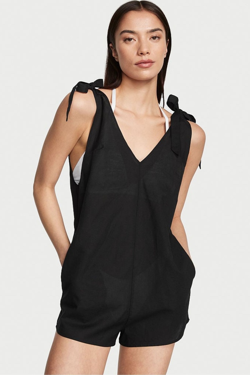 Victoria\'s Secret Linen Playsuit Cover Up Čierne | PYANZ-0638