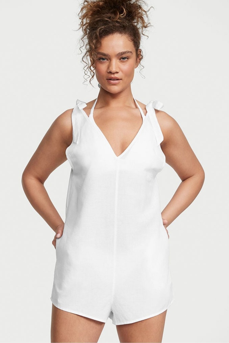 Victoria\'s Secret Linen Playsuit Cover Up Biele | RDJXE-4280