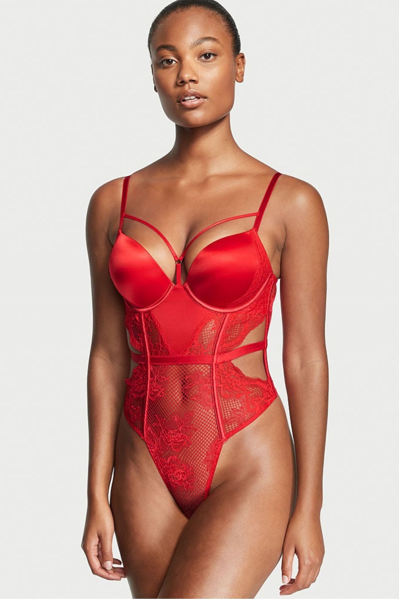 Victoria\'s Secret Luxe Lingerie Fishnet Bombshell Bodysuit Červené | ATCYK-7963