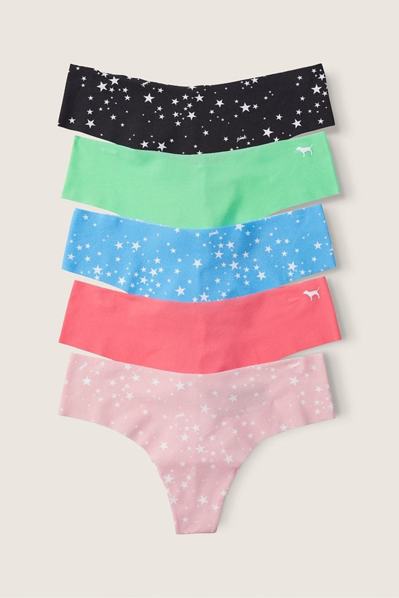 Victoria\'s Secret No-Show No Show Tanga Knickers 5 Pack Black/Blue/Pink/Green Star | WNHLJ-1940