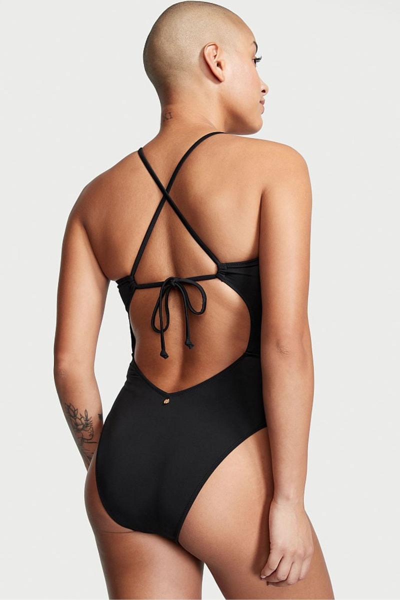 Victoria's Secret Ruched Shine Cut Out One Piece Swimsuit Čierne | XYANC-8276