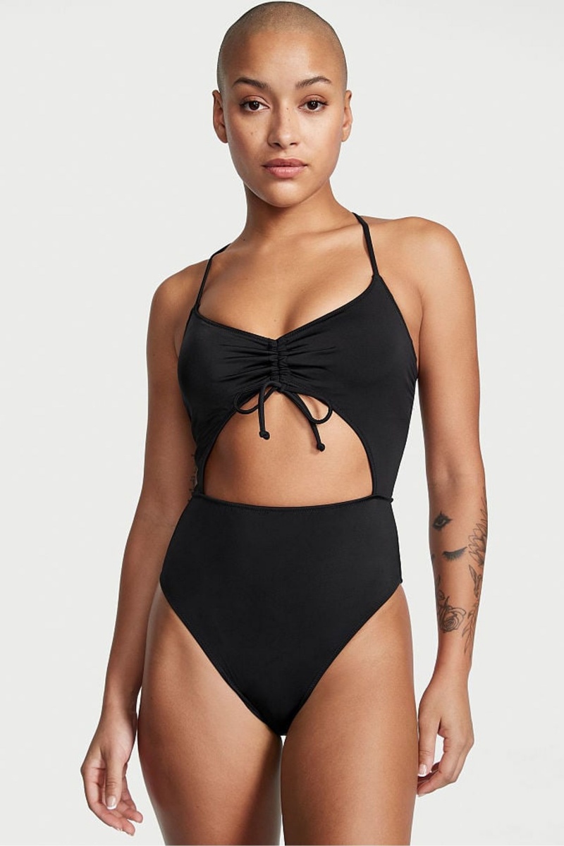 Victoria\'s Secret Ruched Shine Cut Out One Piece Swimsuit Čierne | XYANC-8276