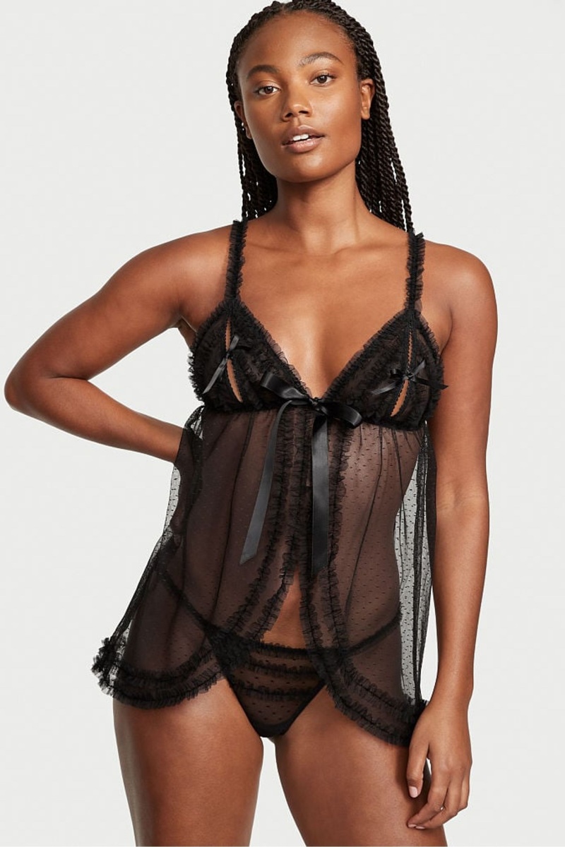 Victoria\'s Secret Ruffle Peekaboo Babydoll Čierne | NWGYK-2063