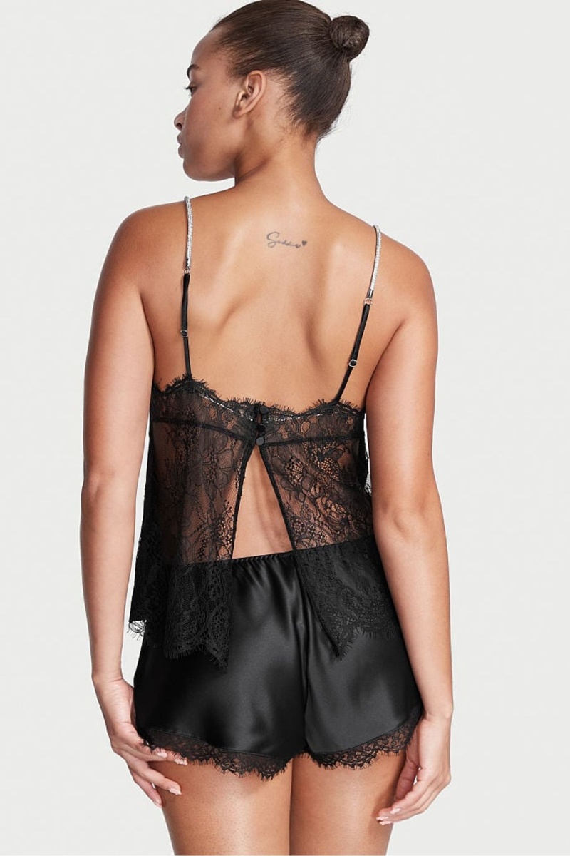 Victoria's Secret Satin Cipkovane Back Cami Set Čierne | NEBFM-9506