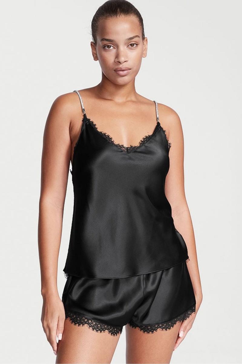 Victoria\'s Secret Satin Cipkovane Back Cami Set Čierne | NEBFM-9506