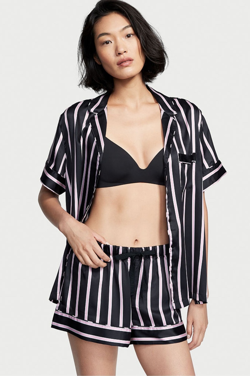 Victoria\'s Secret Satin Kratke Pyjamas Čierne Pruhované | IEQYN-0148