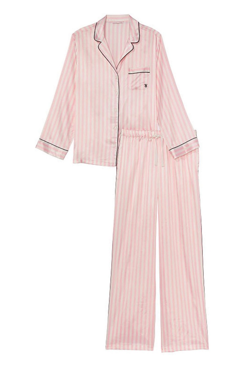 Victoria's Secret Satin Long Pyjama Set Pruhované Ruzove | TLNVA-0483