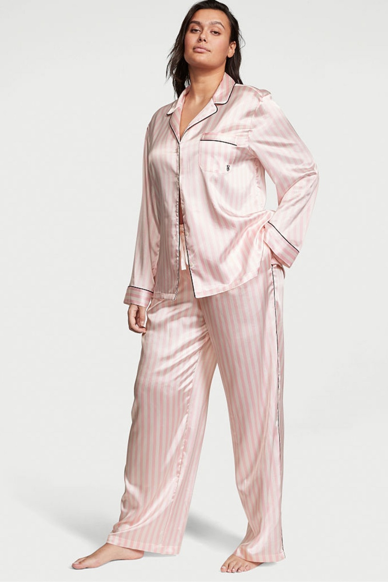 Victoria\'s Secret Satin Long Pyjama Set Pruhované Ruzove | TLNVA-0483