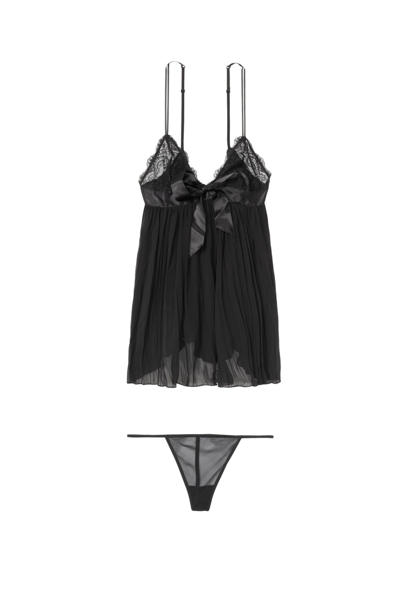 Victoria's Secret Sheer Plisované Babydoll Čierne | NOPXA-2198