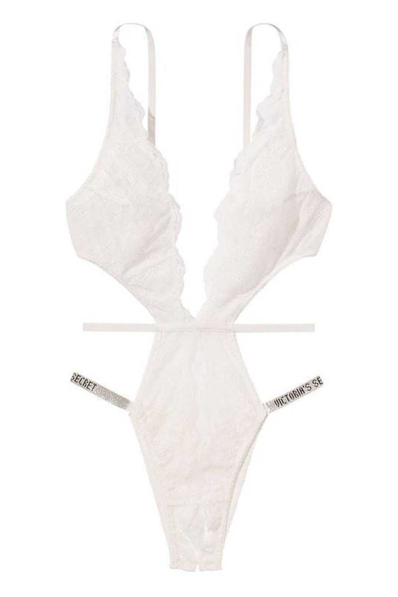 Victoria's Secret Shine Remienkove Plunge Cipkovane Bodysuit Biele | EWXKC-3215