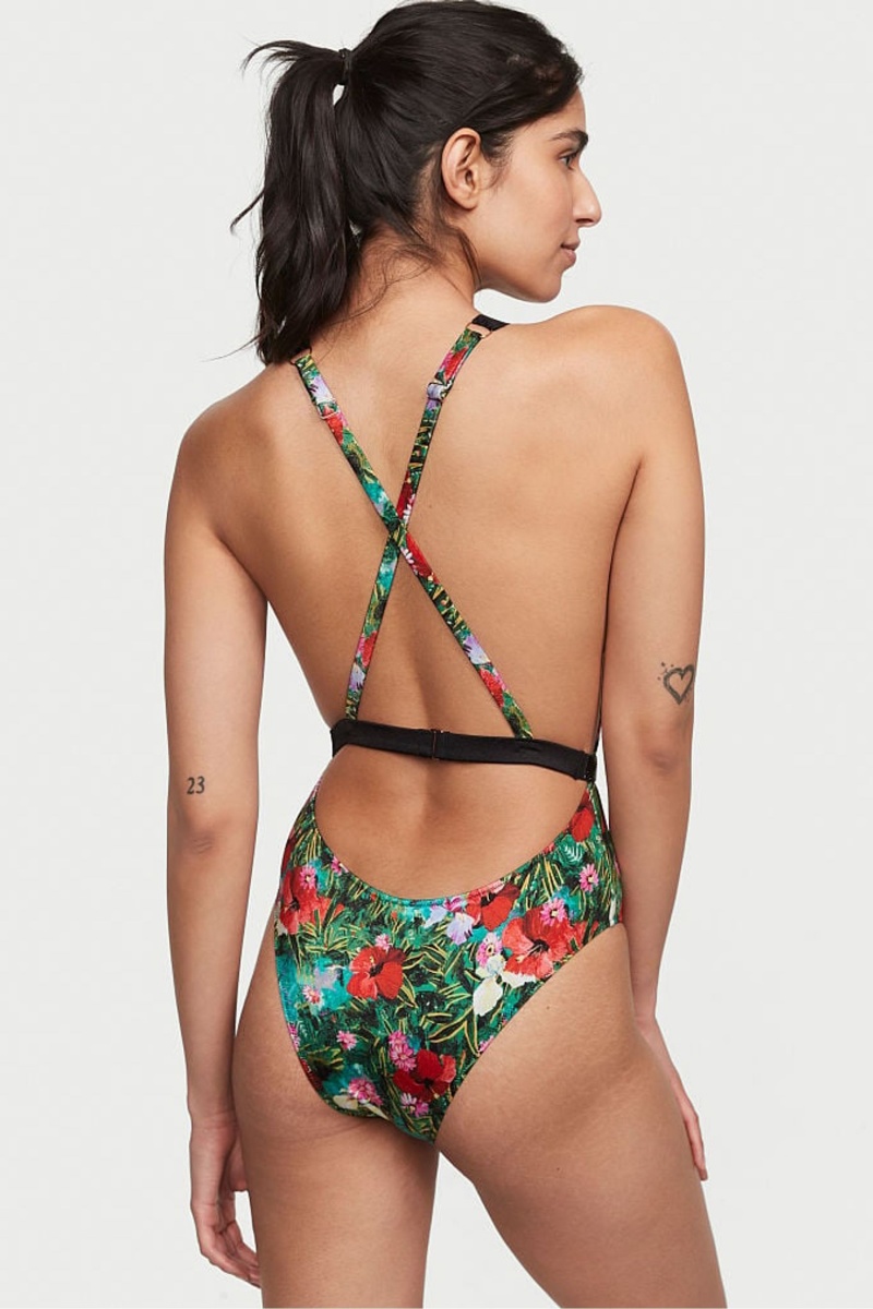 Victoria's Secret Shine Remienkove Plunge One Piece Swimsuit Čierne | GLMZJ-7839