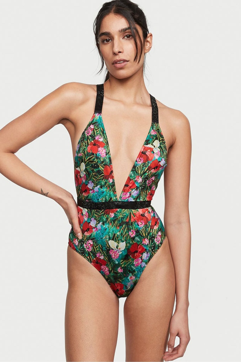 Victoria\'s Secret Shine Remienkove Plunge One Piece Swimsuit Čierne | GLMZJ-7839