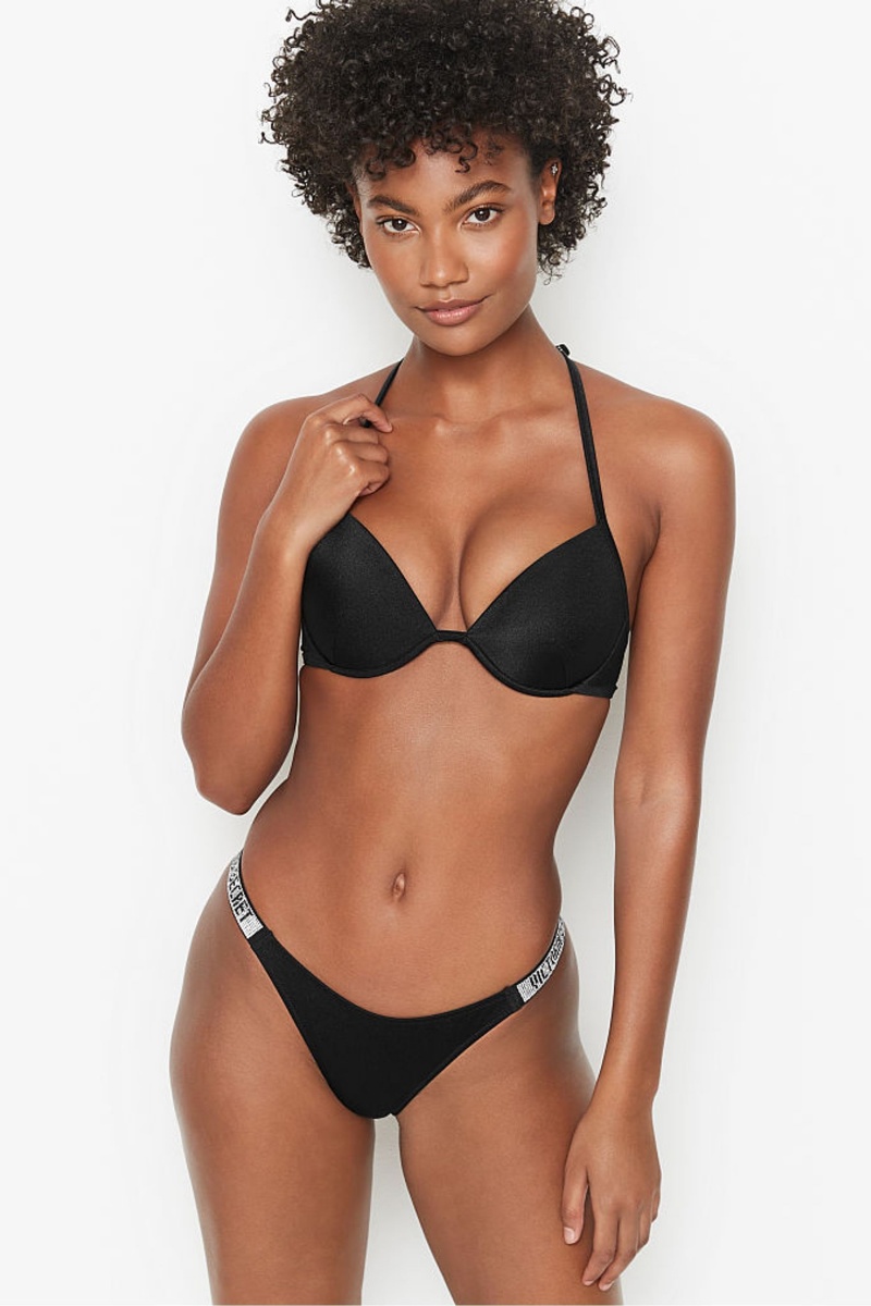 Victoria\'s Secret Shine Remienkove Swim Bikiny Bottom Čierne | ETLWY-9862