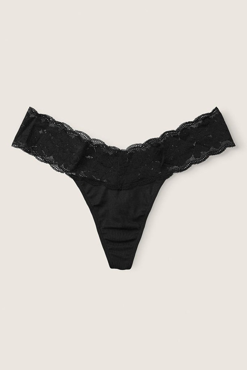 Victoria\'s Secret Stretch Bavlnene Cipkovane Trim Tanga Knickers Čierne | LPBDI-8065