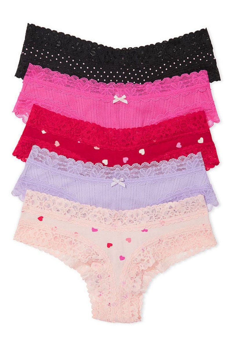 Victoria\'s Secret Stretch Bavlnene Cipkovane Trim Cheeky Bavlnene Knickers 5 Pack Black/Pink/Purple | JAQGF-7159