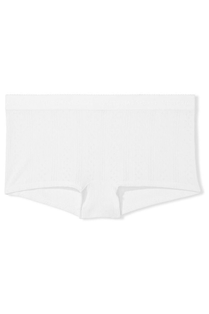 Victoria's Secret Stretch Bavlnene Logo Pásom Pointelle Kratke Knickers Biele | HDPOZ-2695