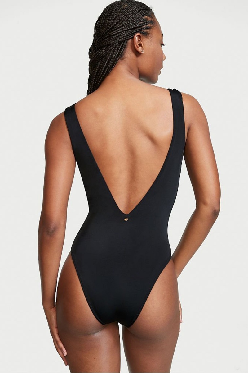 Victoria's Secret V Neck Plunge Open Back Swimsuit Čierne | OIFUK-9752