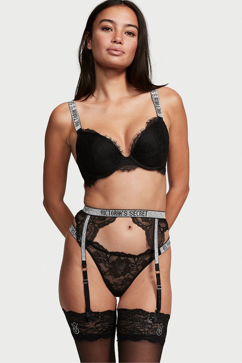 Victoria\'s Secret Very Sexy Shine Remienkove Suspenders Čierne | KWQZF-2304